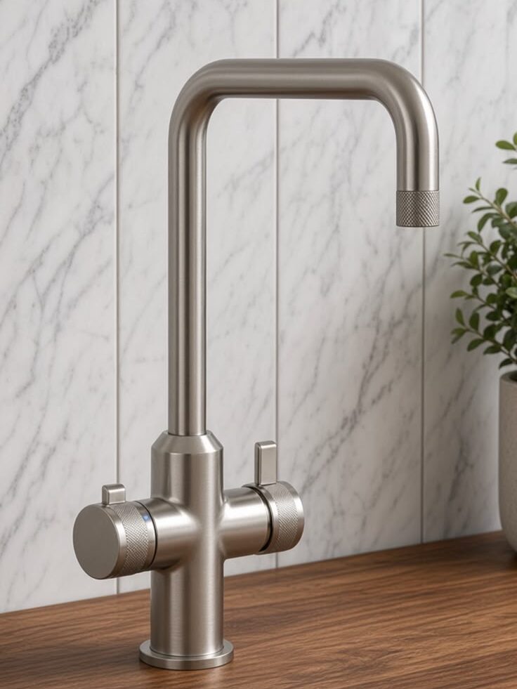 Brushed steel 4-way boiling tap on a wooden worktop