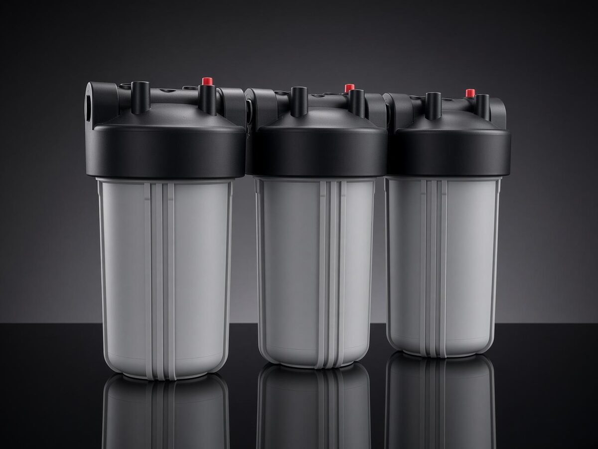 Three-stage whole-house water filtration unit — sediment and carbon filter housings